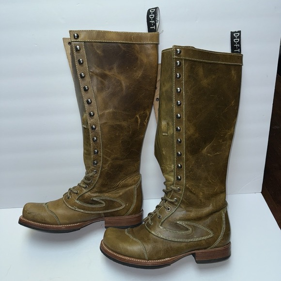 John Fluevog Frontiers Sundance Tan Leather Lace-Up Knee-High Boots VTG Size 8 - Picture 1 of 16